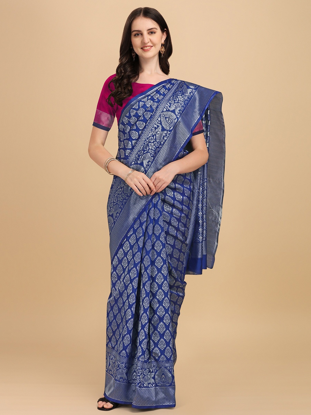 

Fashion Booms Blue & Silver-Toned Floral Zari Pure Silk Kanjeevaram Saree