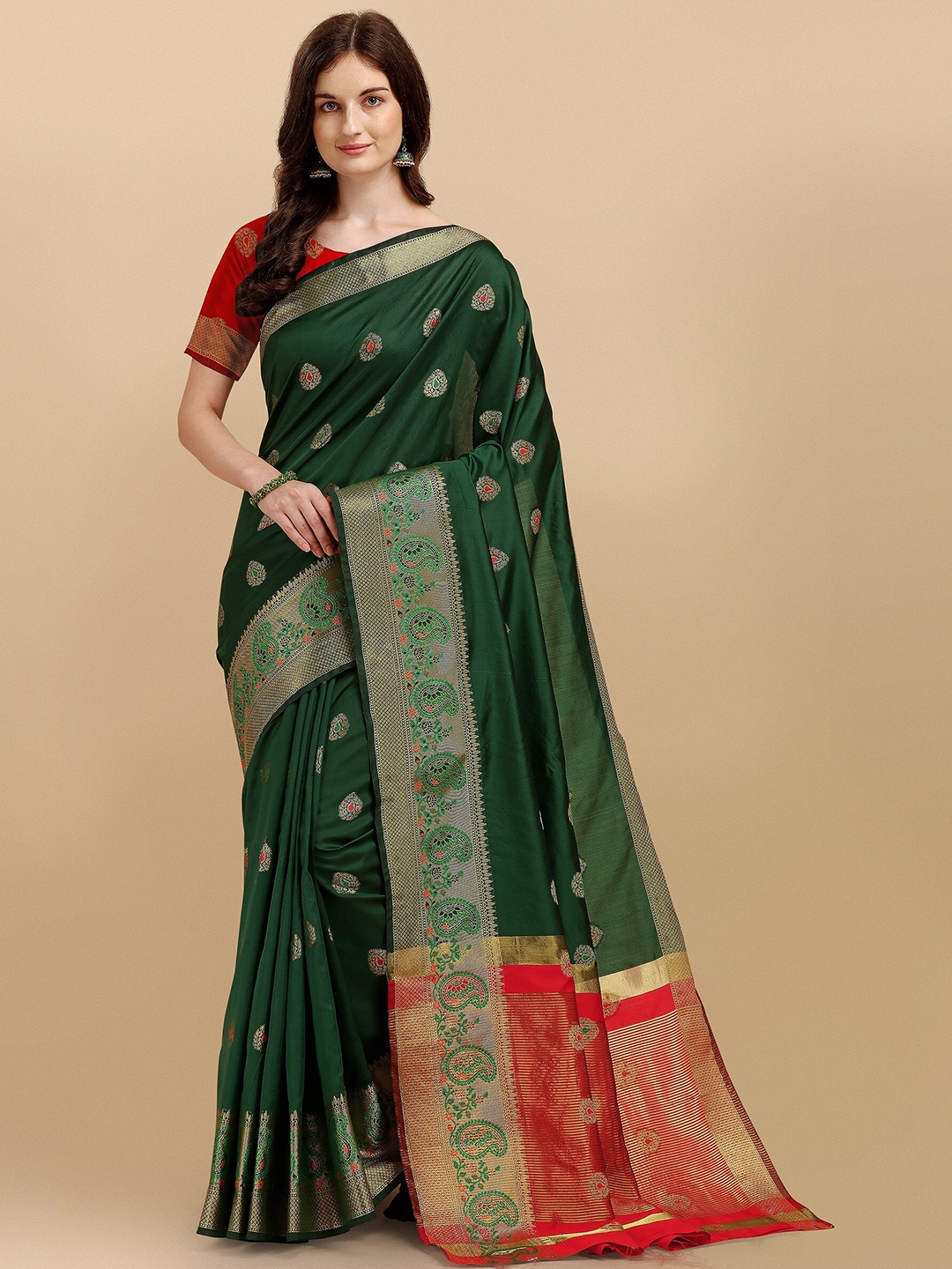 

Fashion Booms Green & Red Floral Zari Silk Cotton Kanjeevaram Saree