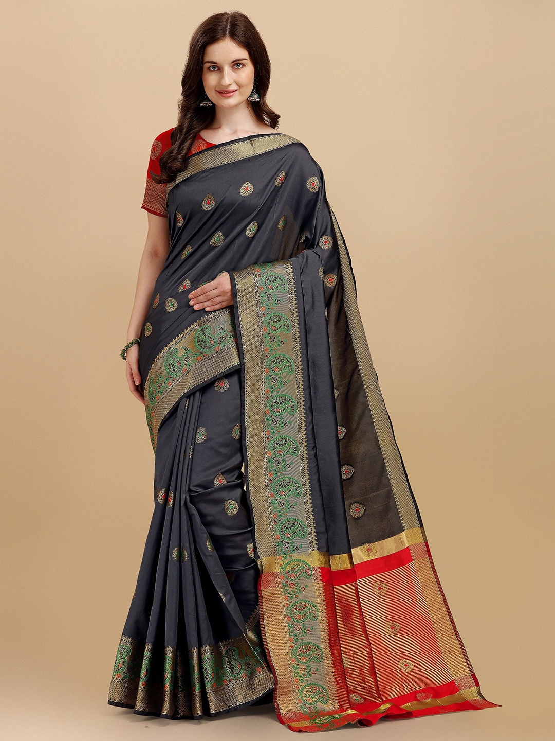 

Fashion Booms Grey & Red Paisley Zari Silk Cotton Kanjeevaram Saree