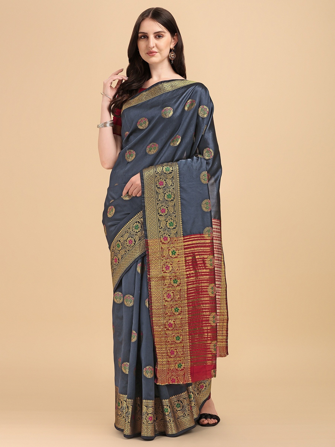 

Fashion Booms Grey & Maroon Woven Design Zari Silk Cotton Banarasi Saree