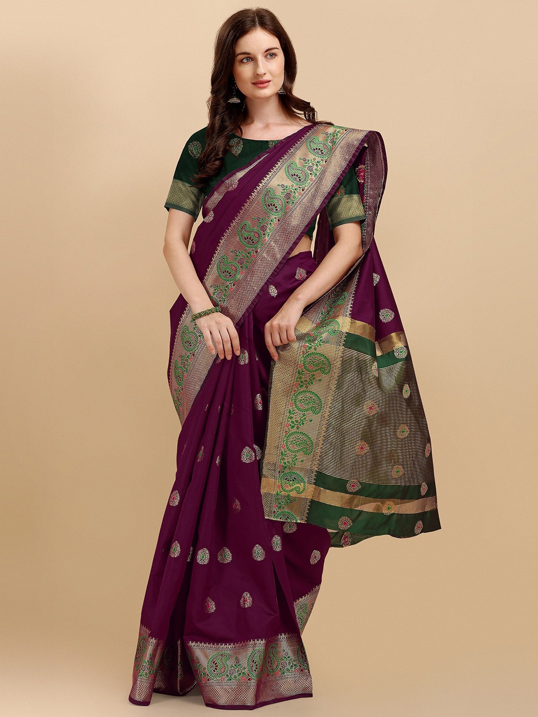 

Fashion Booms Burgundy & Green Floral Zari Silk Cotton Kanjeevaram Saree