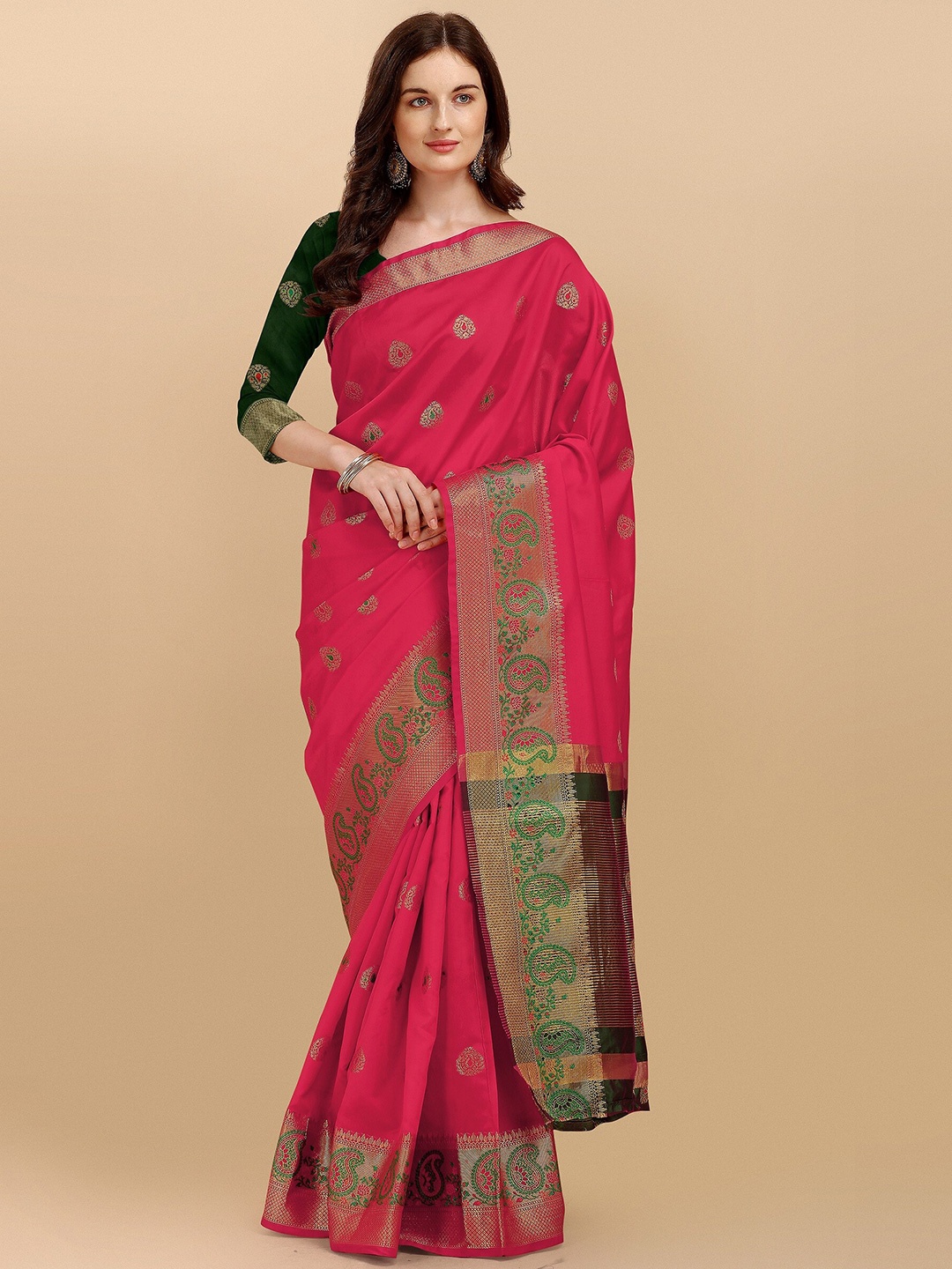 

Fashion Booms Pink & Green Paisley Zari Silk Cotton Kanjeevaram Saree