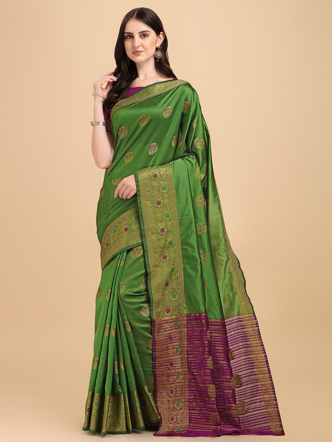 

Fashion Booms Green & Pink Ethnic Motifs Zari Silk Cotton Banarasi Saree