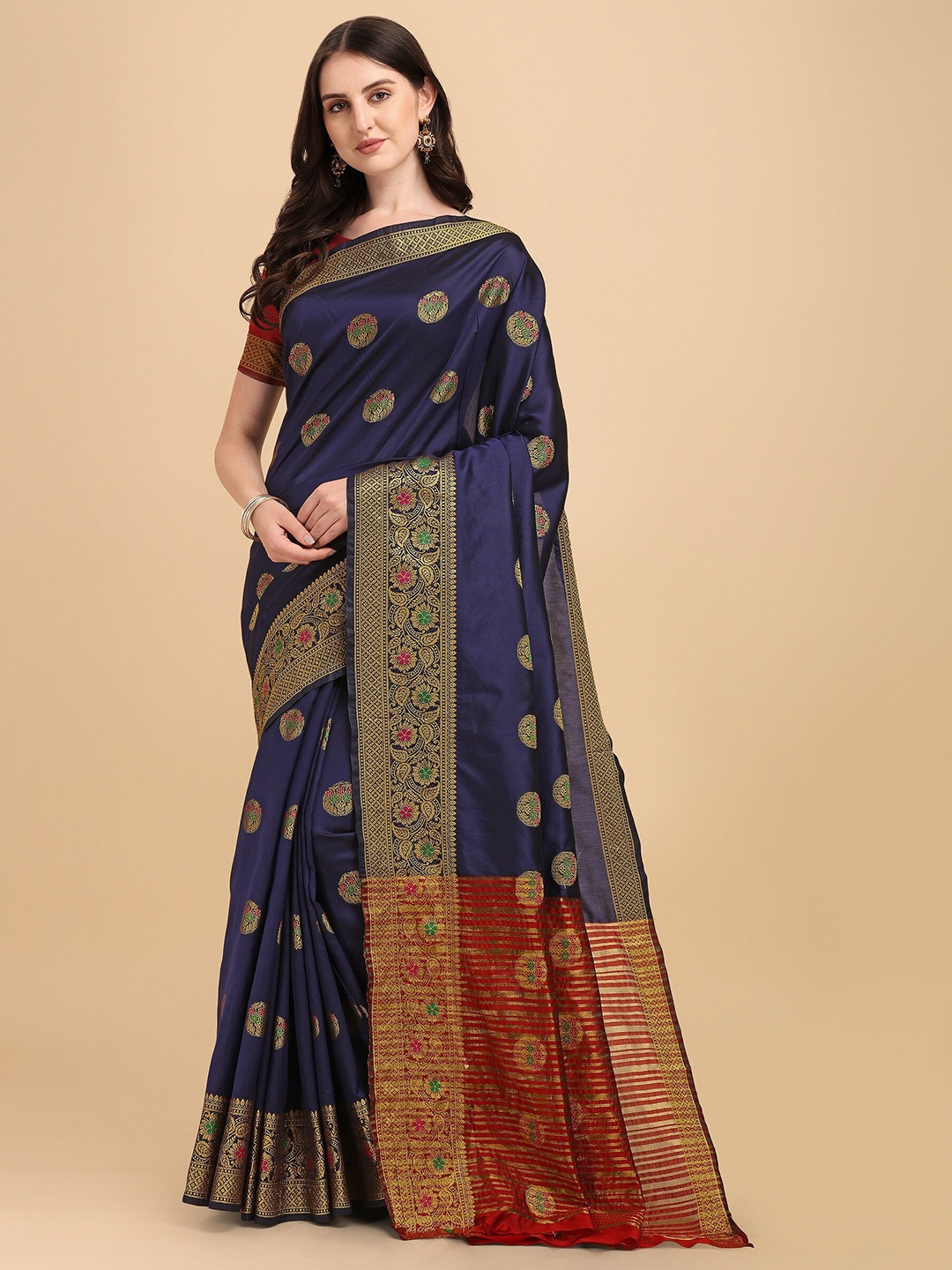 

Fashion Booms Navy Blue & Maroon Floral Zari Silk Cotton Banarasi Saree