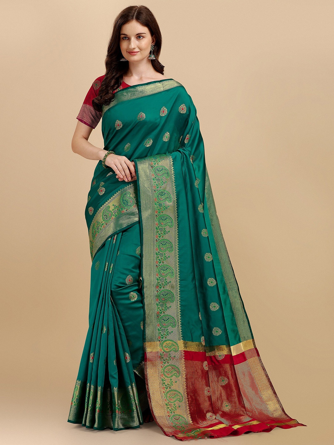 

Fashion Booms Teal & Red Paisley Zari Silk Cotton Kanjeevaram Saree