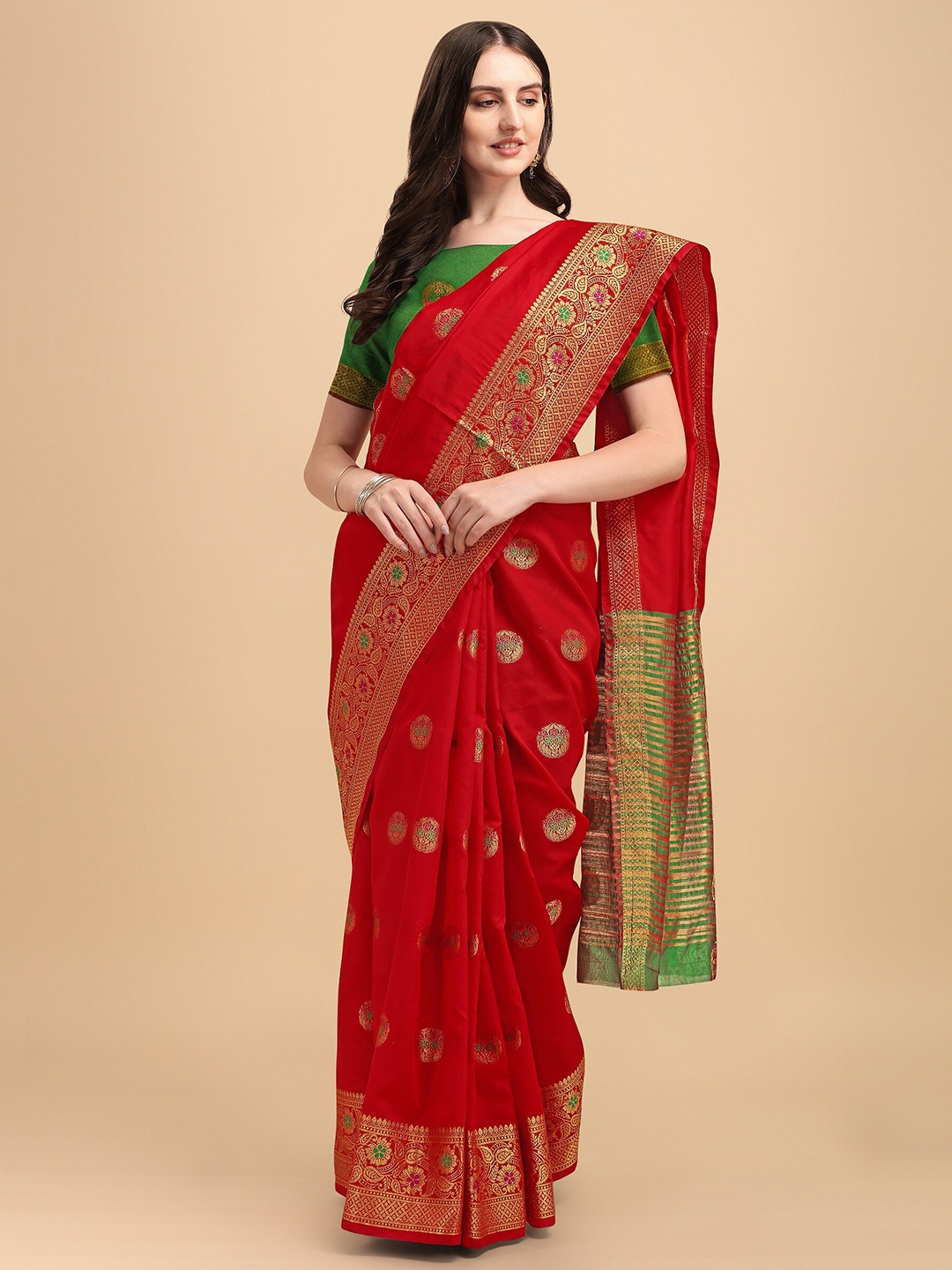 

Fashion Booms Red & Gold-Toned Woven Design Zari Silk Cotton Banarasi Saree