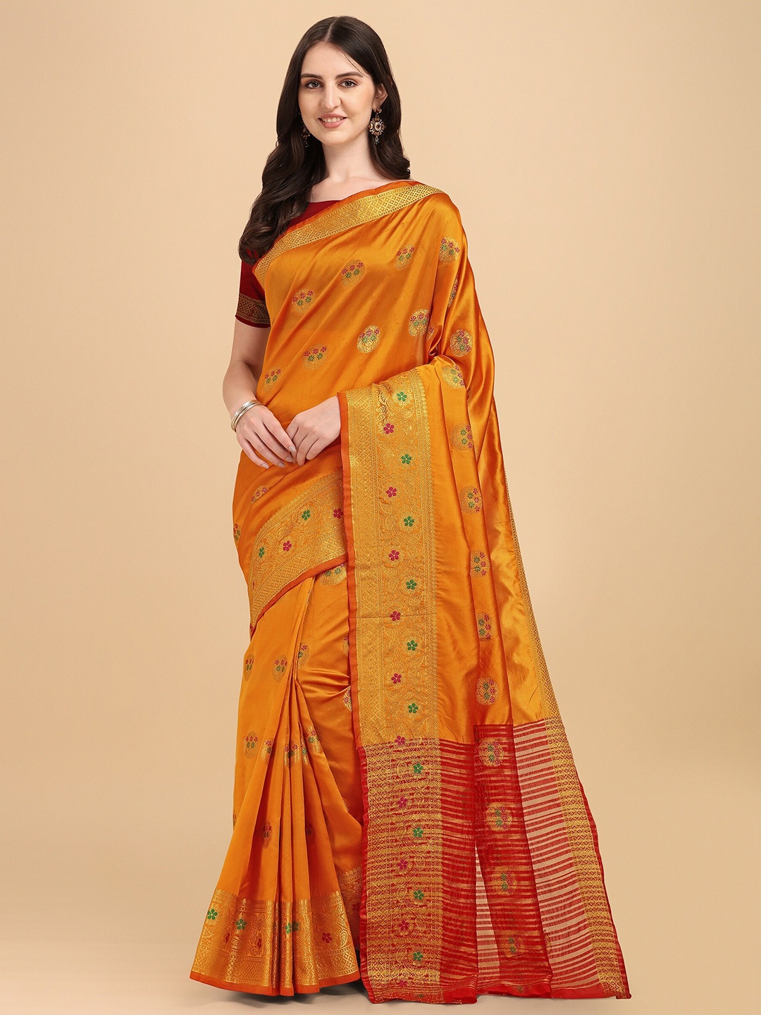 

Fashion Booms Gold-Toned & Red Woven Design Zari Silk Cotton Banarasi Saree