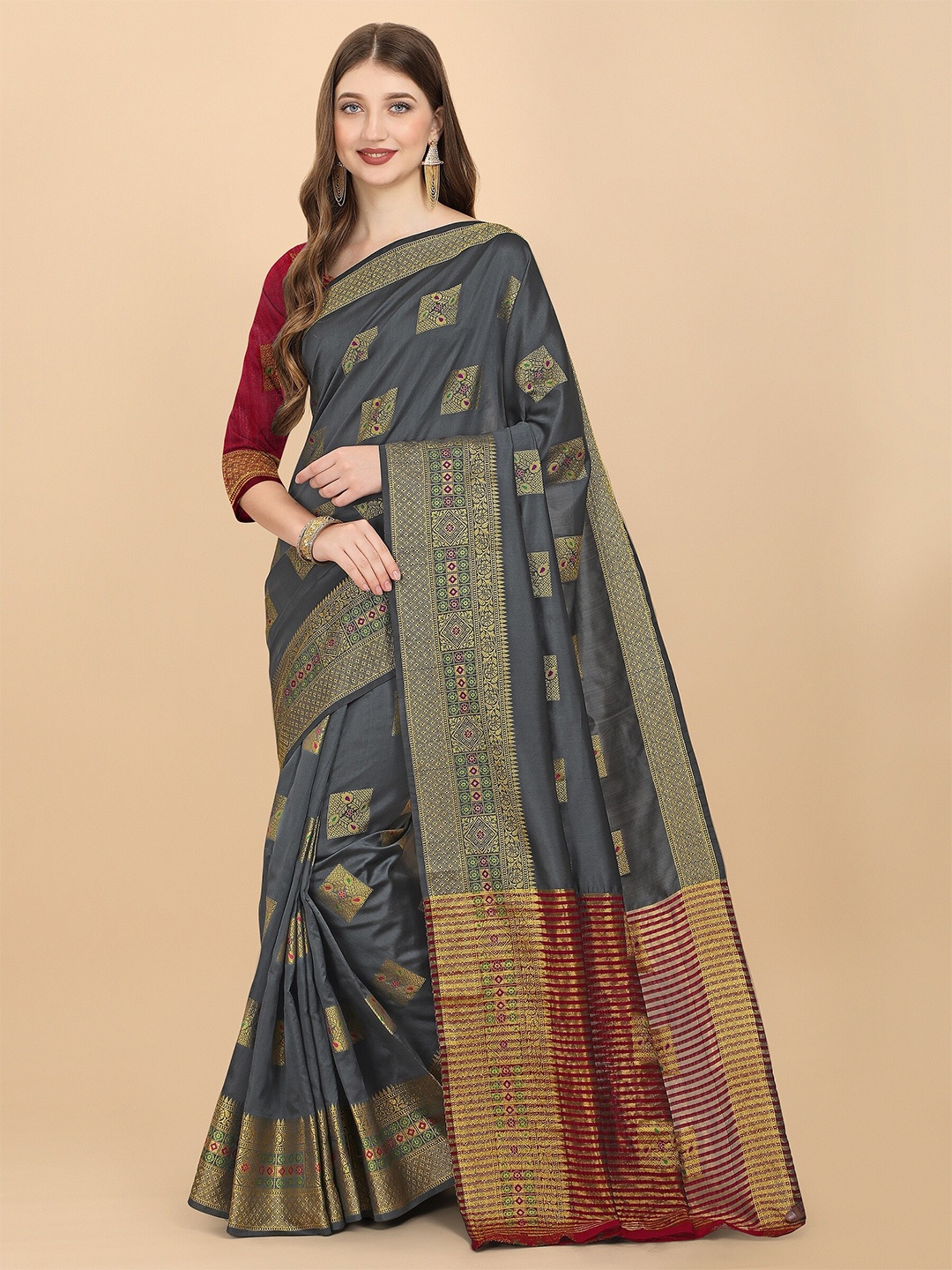 

Fashion Booms Grey & Red Woven Design Zari Silk Cotton Banarasi Saree