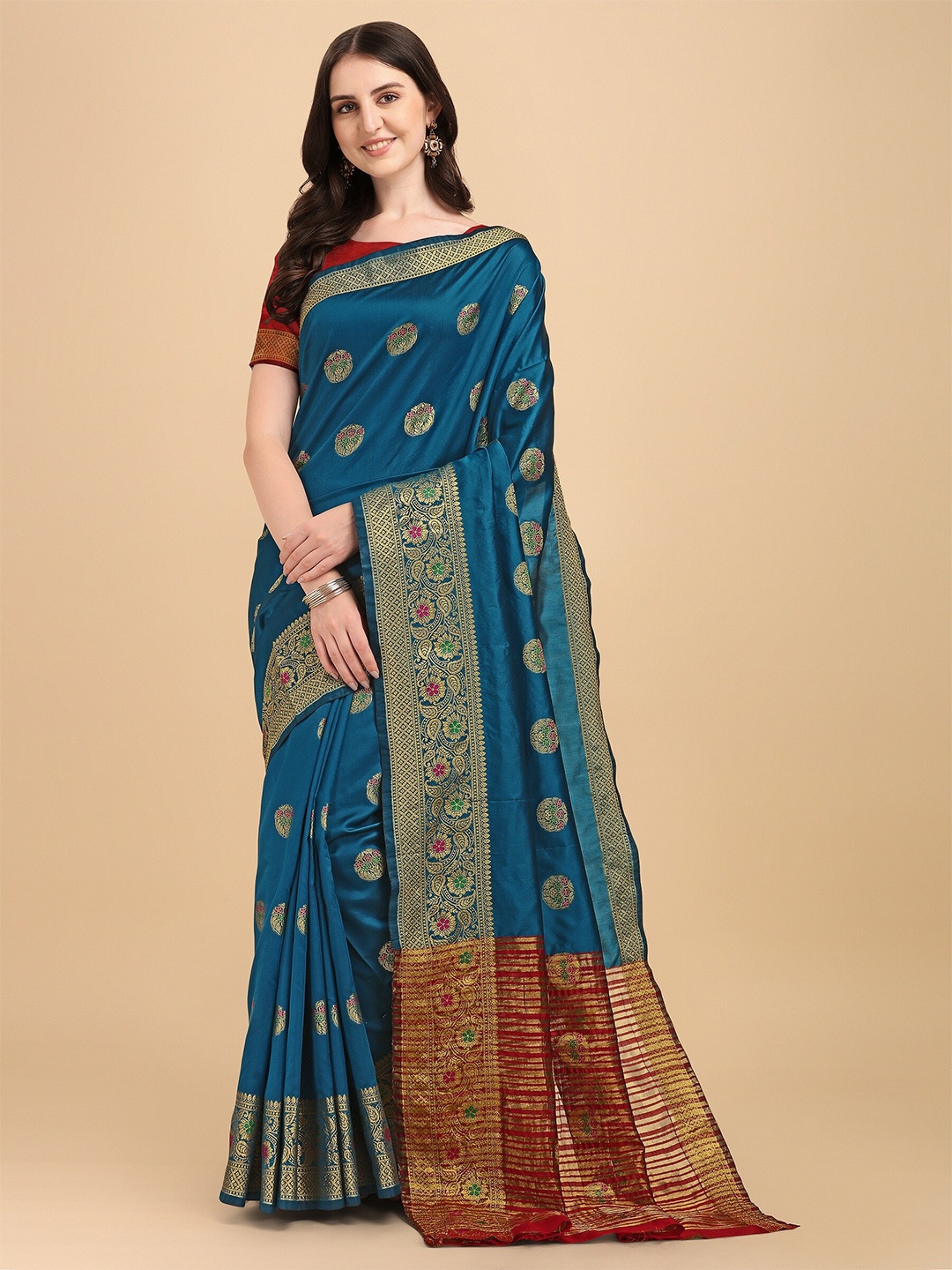 

Fashion Booms Blue & Red Woven Design Zari Silk Cotton Banarasi Saree