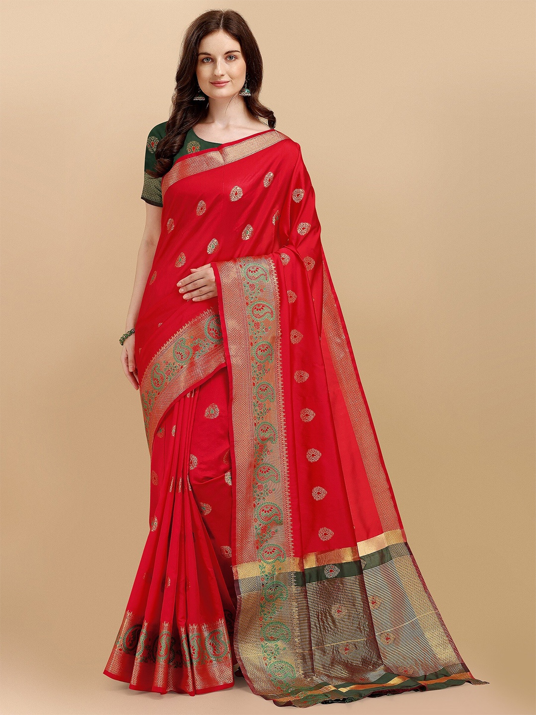 

Fashion Booms Red & Green Ethnic Motifs Zari Silk Cotton Kanjeevaram Saree