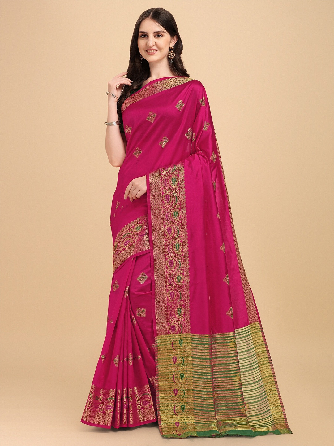 

Fashion Booms Magenta & Gold-Toned Ethnic Motifs Pure Silk Kanjeevaram Saree