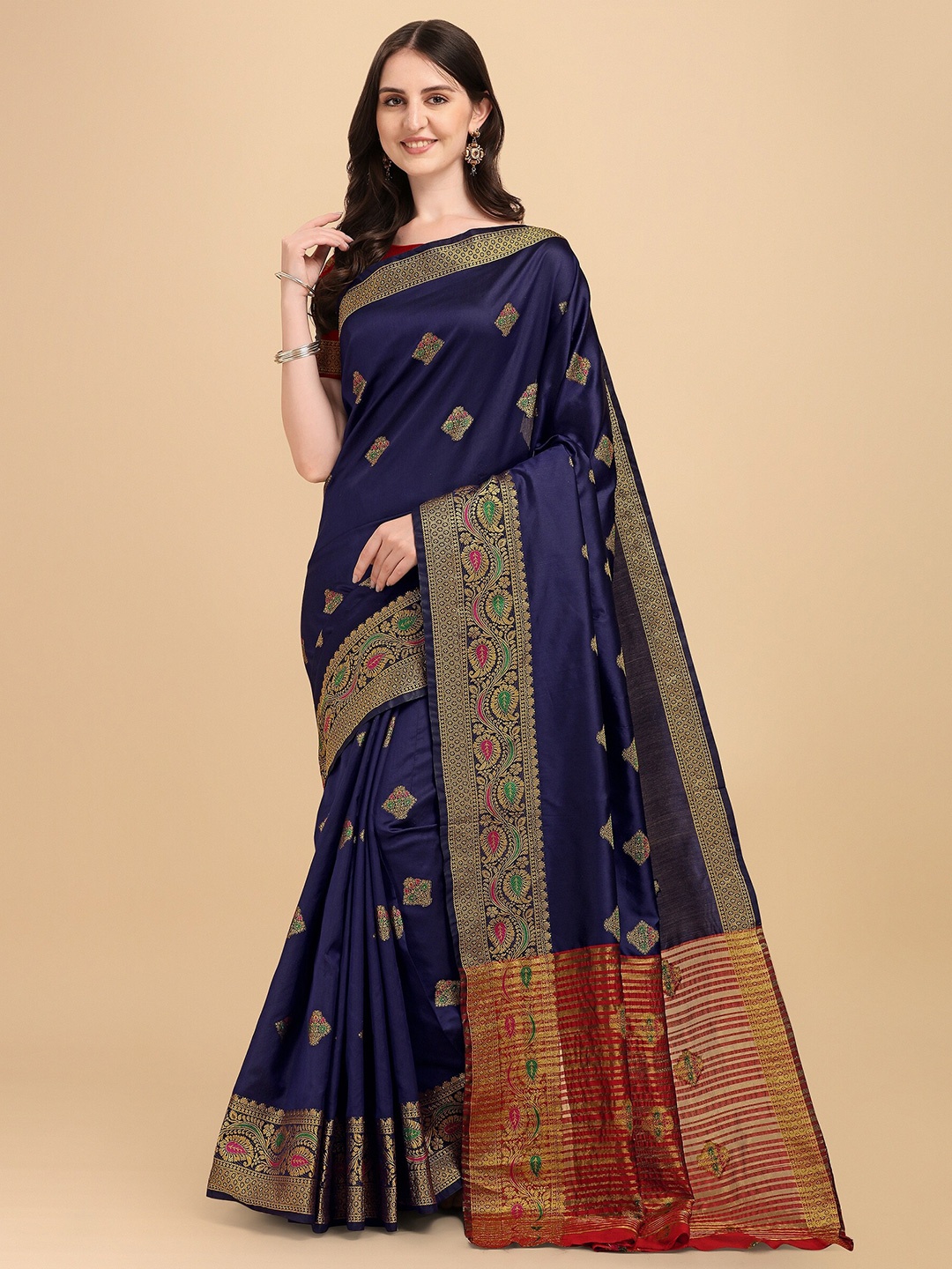 

Fashion Booms Navy Blue & Gold-Toned Woven Design Pure Silk Kanjeevaram Saree