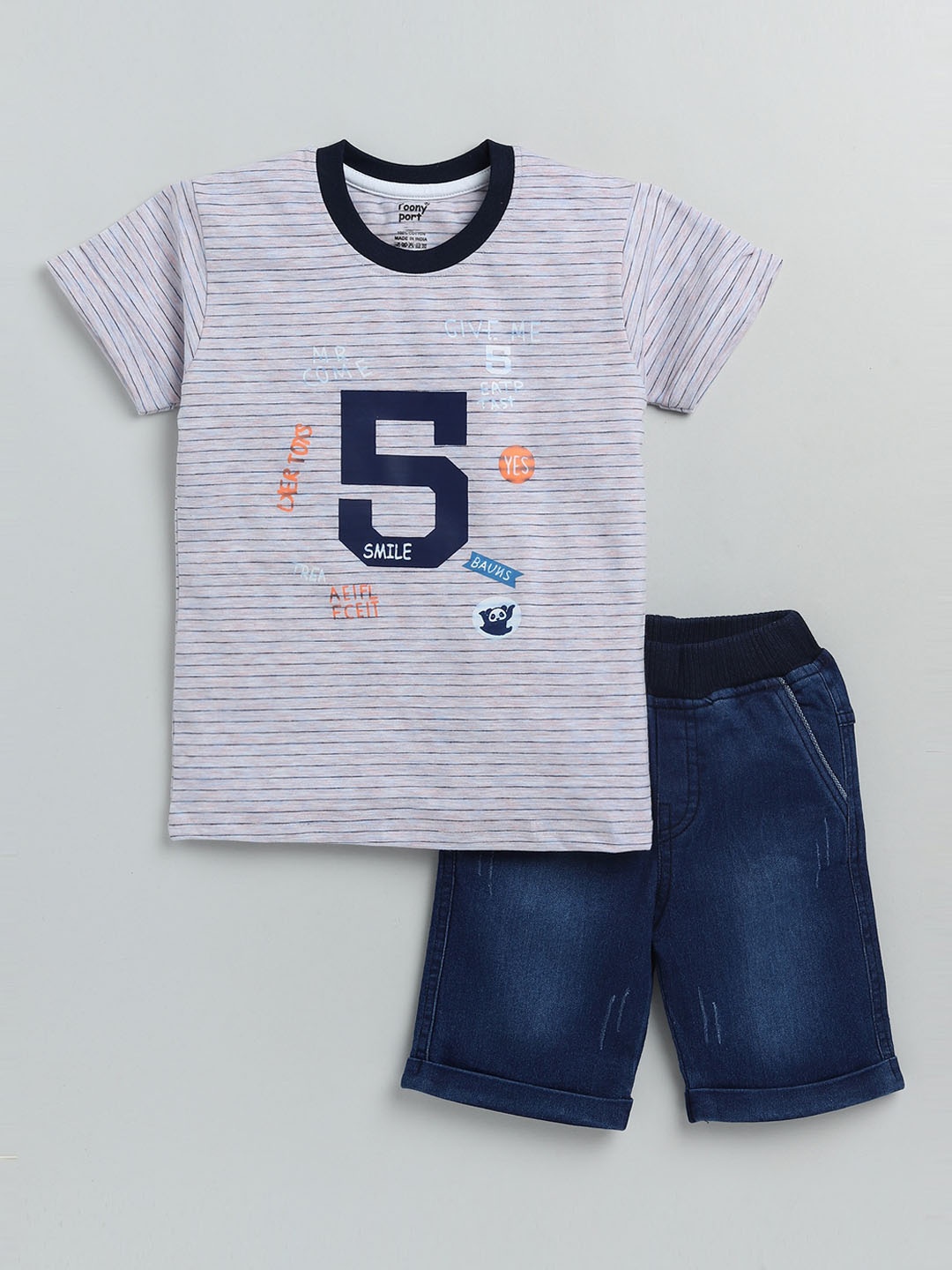 

Toonyport Boys Grey & Blue Printed Pure Cotton T-shirt with Shorts
