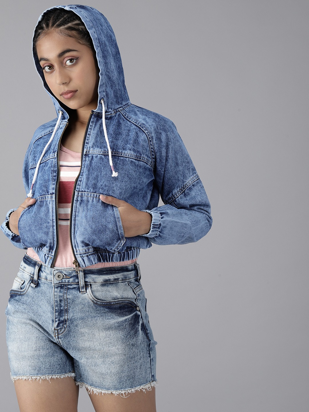 

UTH by Roadster Girls Pure Cotton Hooded Bomber Jacket, Blue