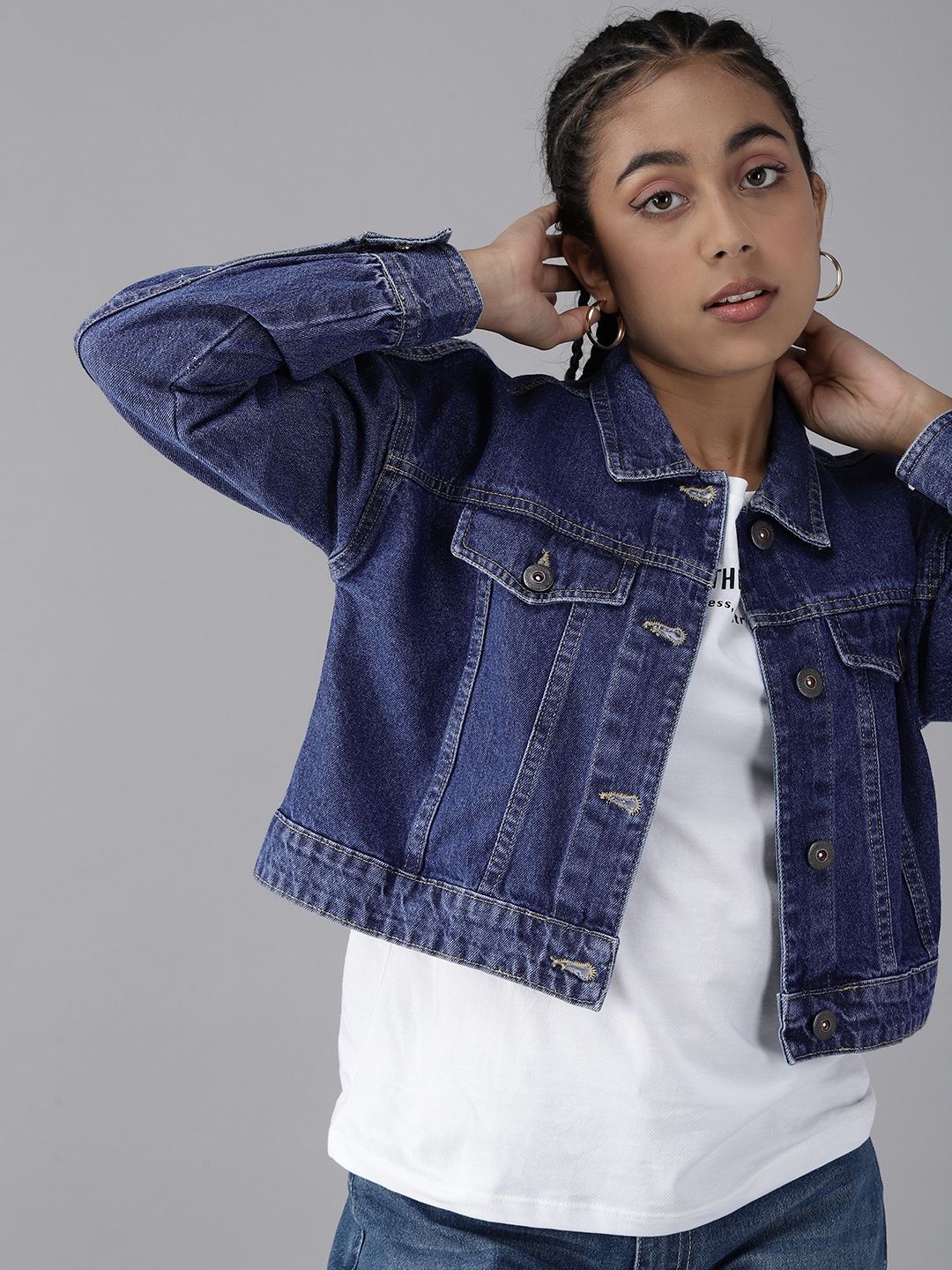 

UTH by Roadster Girls Pure Cotton Cropped Denim Jacket, Blue