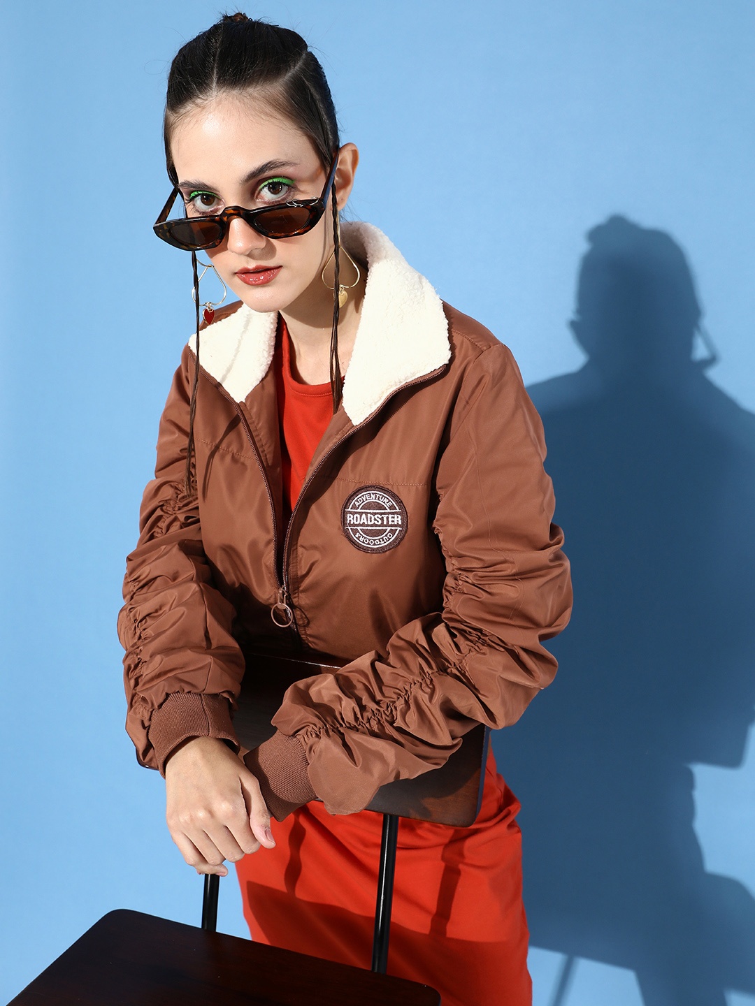 

Roadster Women Bomber Jacket With Ruched Sleeves, Brown