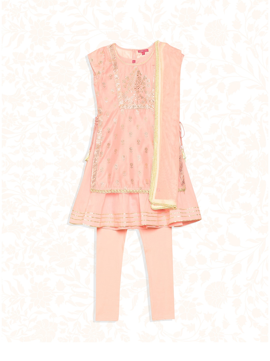 

Biba Girls Pink Floral Layered Kurti with Churidar & With Dupatta