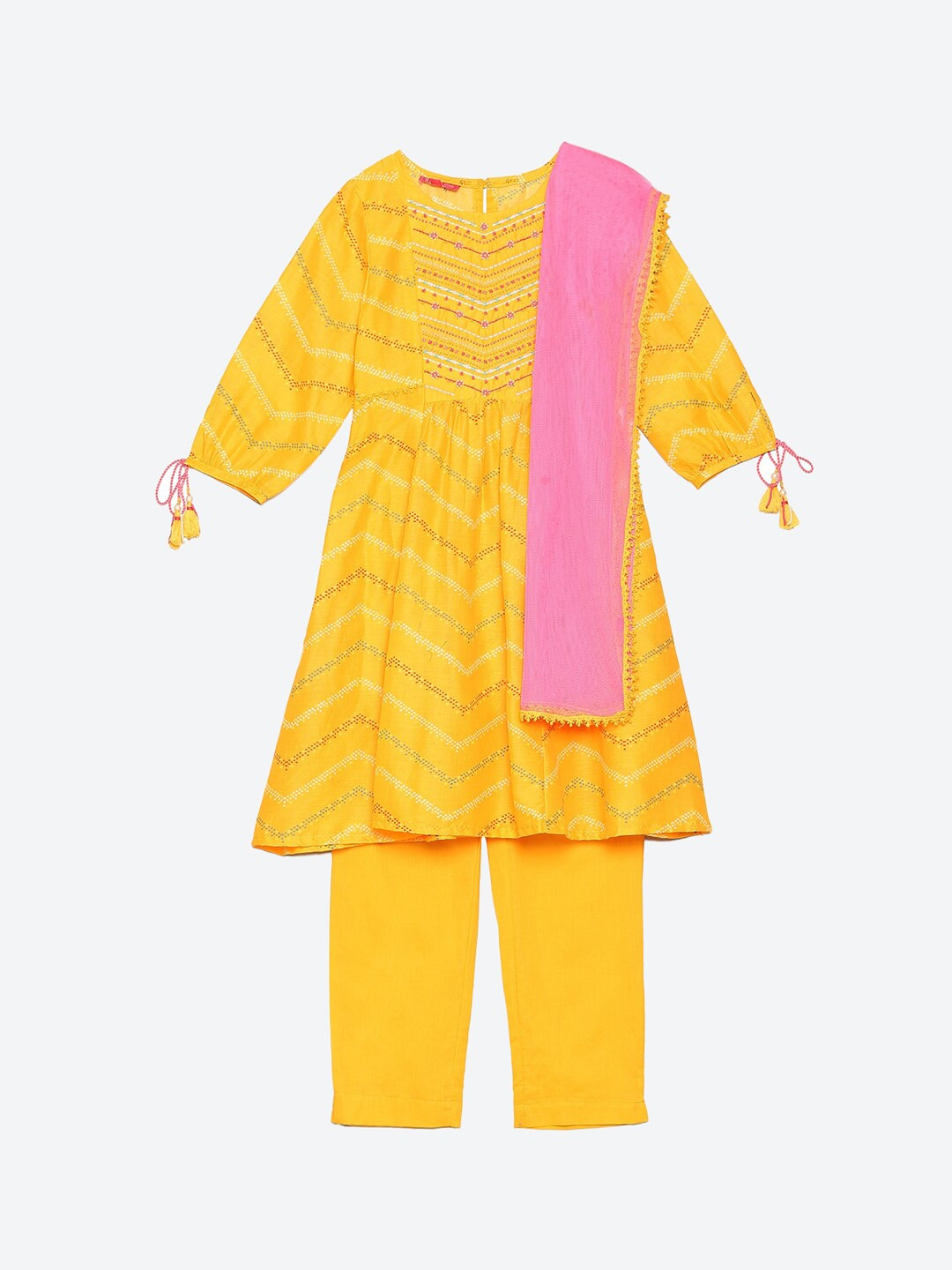 

Biba Girls Yellow Printed Empire Kurti with Trousers & With Dupatta