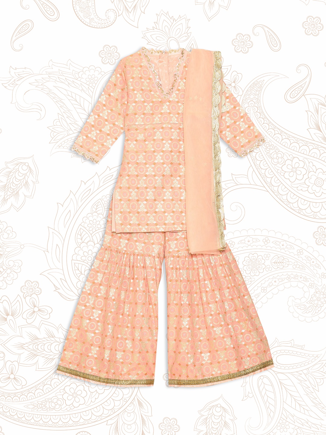 

Biba Girls Peach-Coloured Ethnic Motifs Embroidered Kurti with Sharara & Dupatta