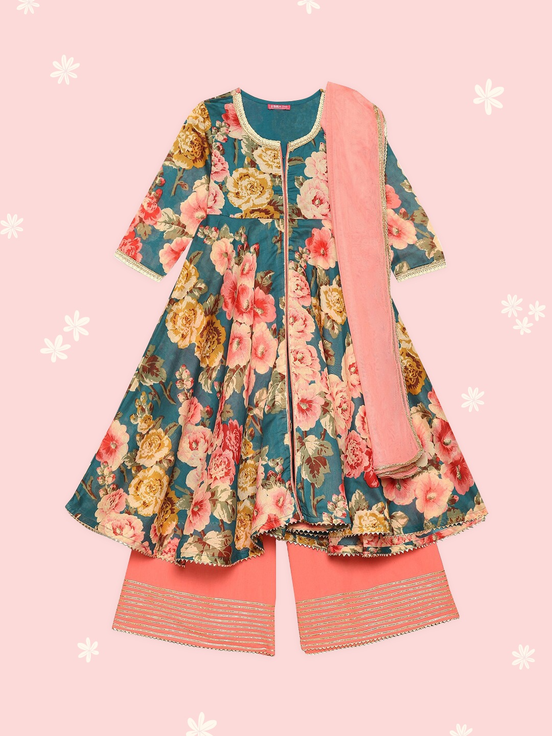 

Biba Girls Teal Floral Printed Kurti with Churidar & With Dupatta