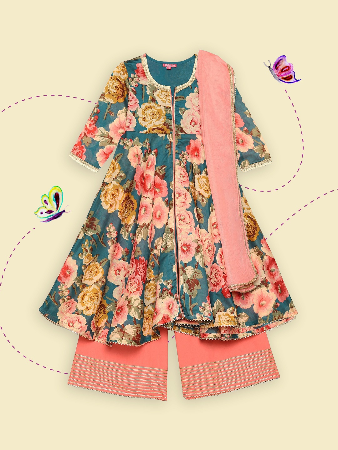 

Biba Girls Teal Floral Printed Kurti with Palazzos & With Dupatta