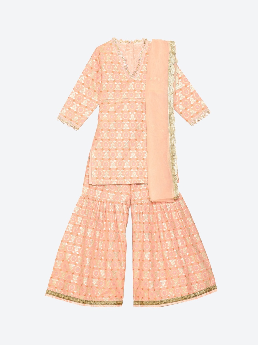 

Biba Girls Peach-Coloured Ethnic Motifs Embroidered Kurti with Sharara & With Dupatta