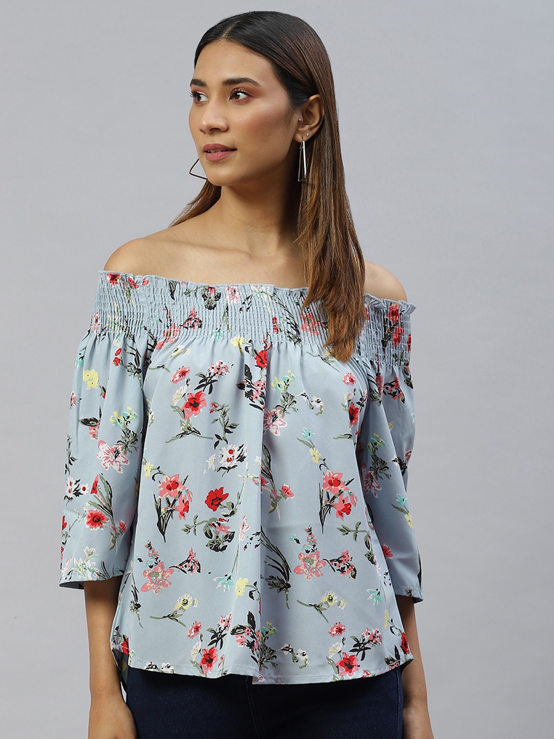 

VARUSHKA Blue & Pink Floral Print Off-Shoulder Smocked Crepe Top