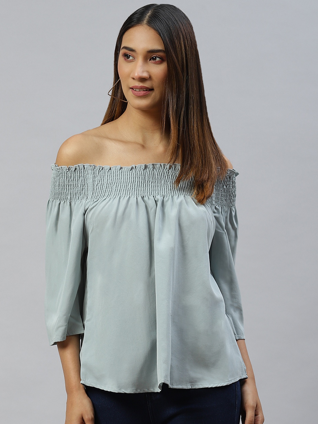 

VARUSHKA Blue Off-Shoulder Smocked Crepe Top