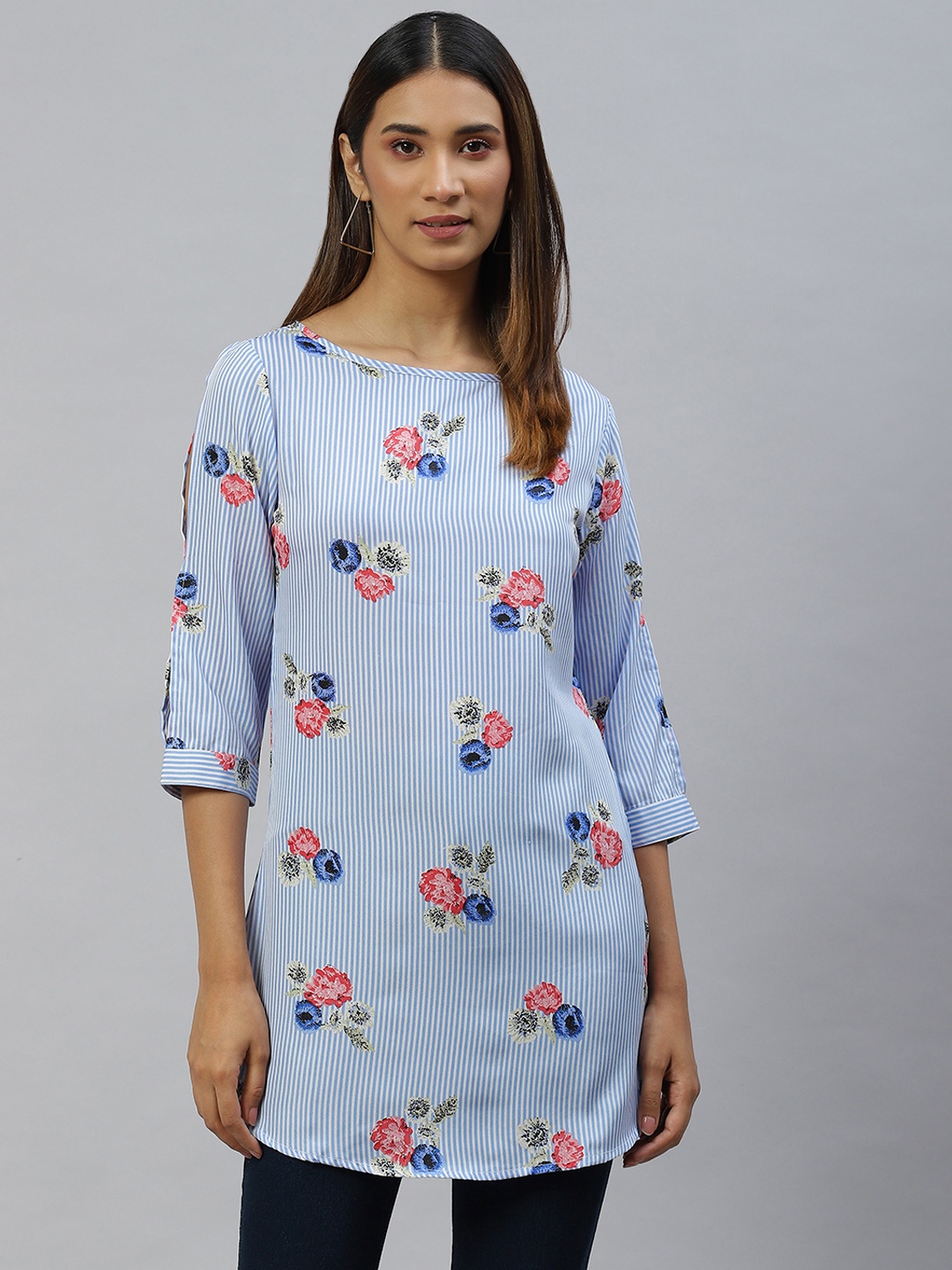 

VARUSHKA Blue & Pink Floral Print Crepe Longline Top