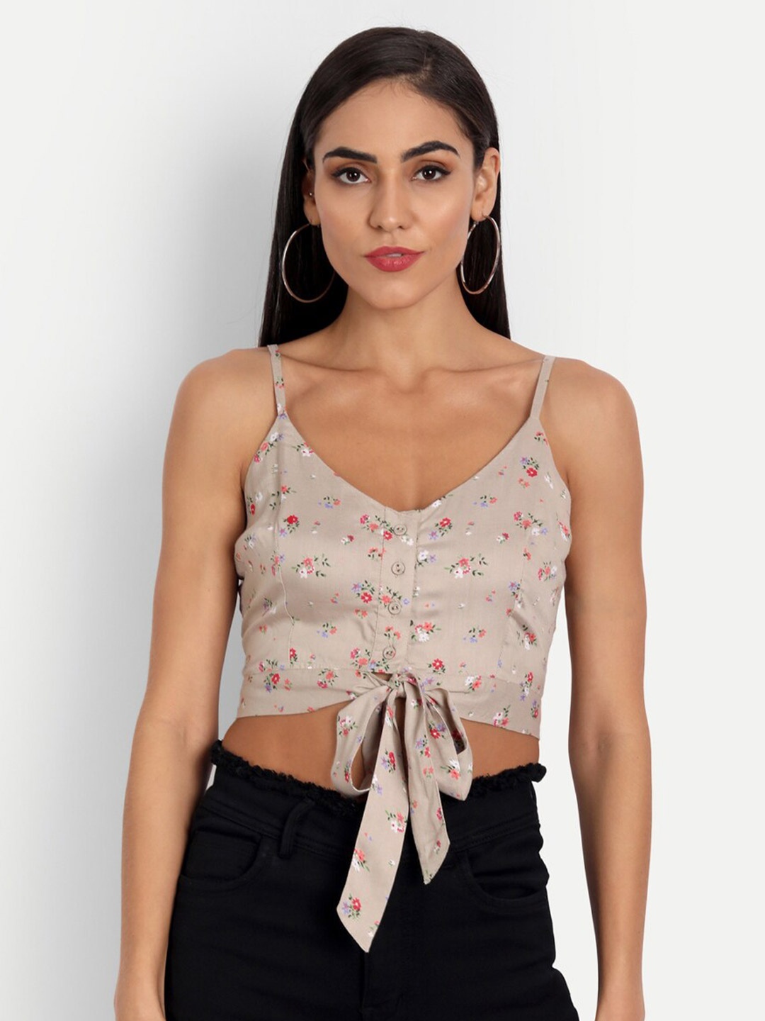 

ESSQUE Beige Floral Printed Tank Crop Top