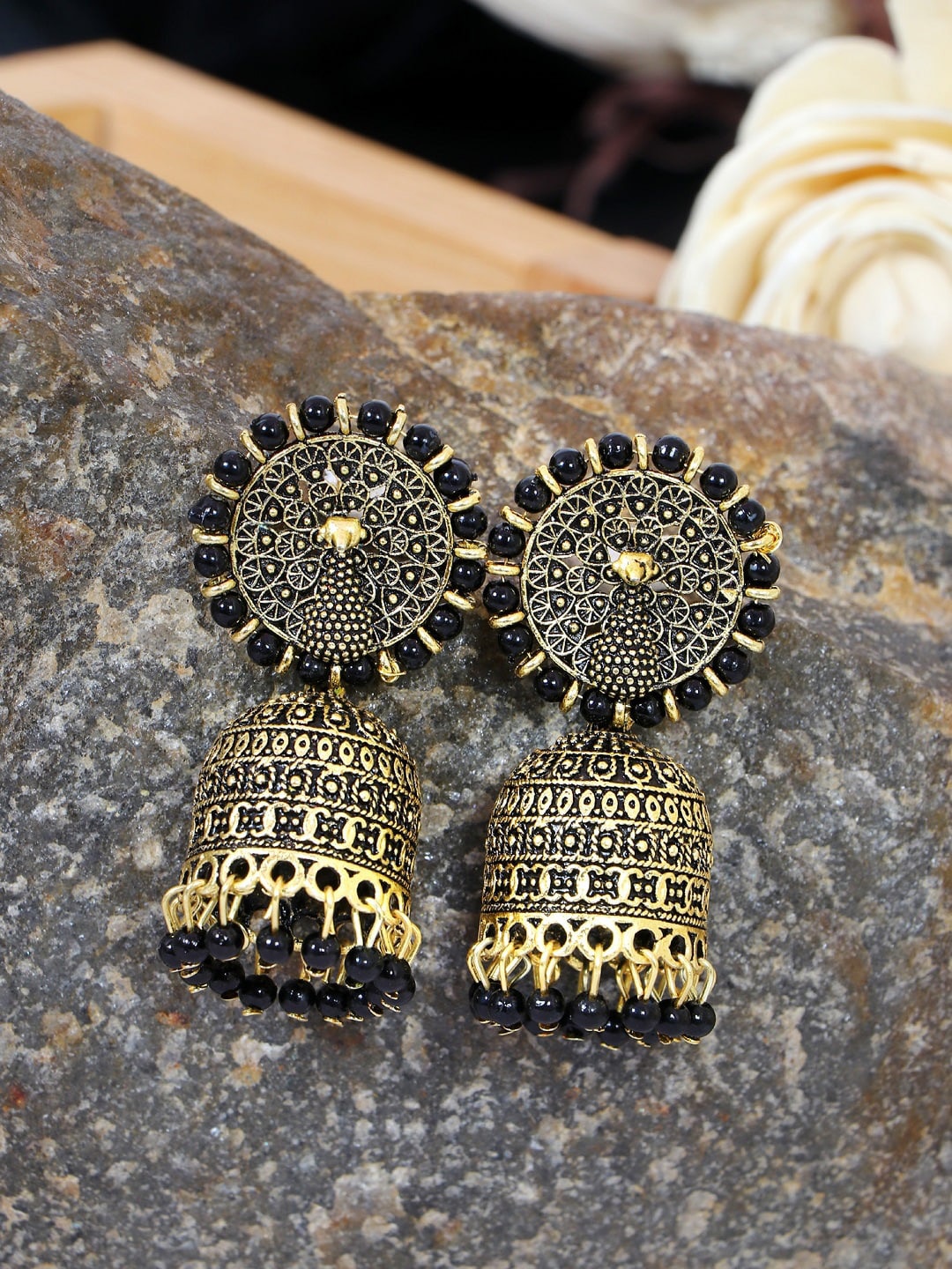 

Crunchy Fashion Black & Gold-Toned Circular Jhumkas Earrings