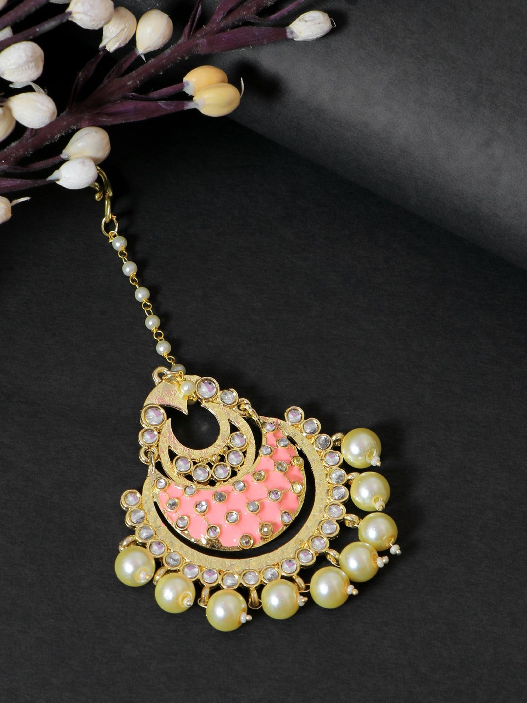 

Crunchy Fashion Gold-Plated White & Pink Kundan-Studded Pearl Beaded Enamelled Maang Tikka
