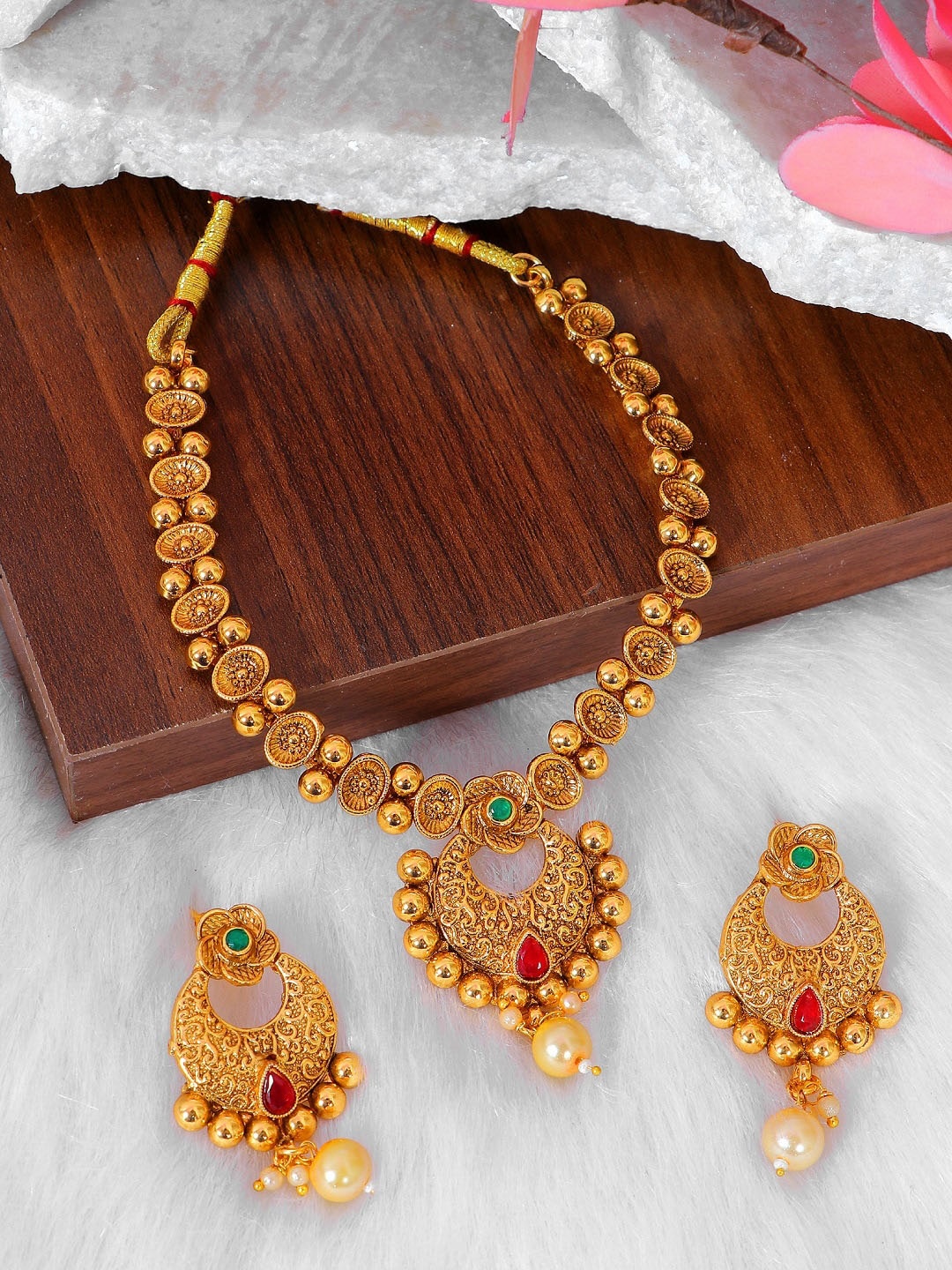 

Crunchy Fashion Gold-Plated White & Green Stone-Studded Beaded Jewellery Set