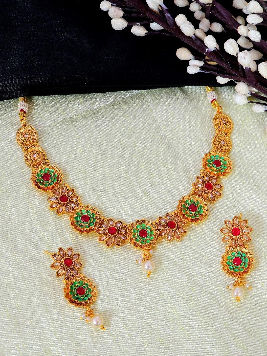 

Crunchy Fashion Gold-Plated Pink & Green Stone-Studded & beaded Jewellery Set