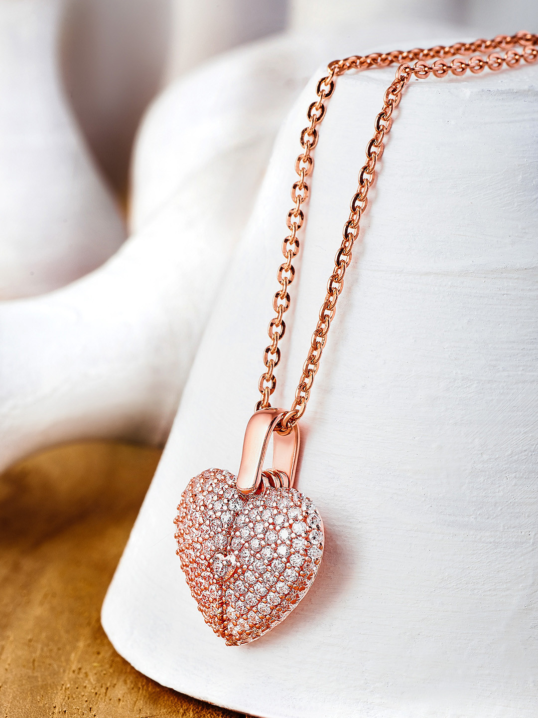 

SILBERRY Rose Gold-Plated & White CZ-Studded Open Heart Pendant With Chain