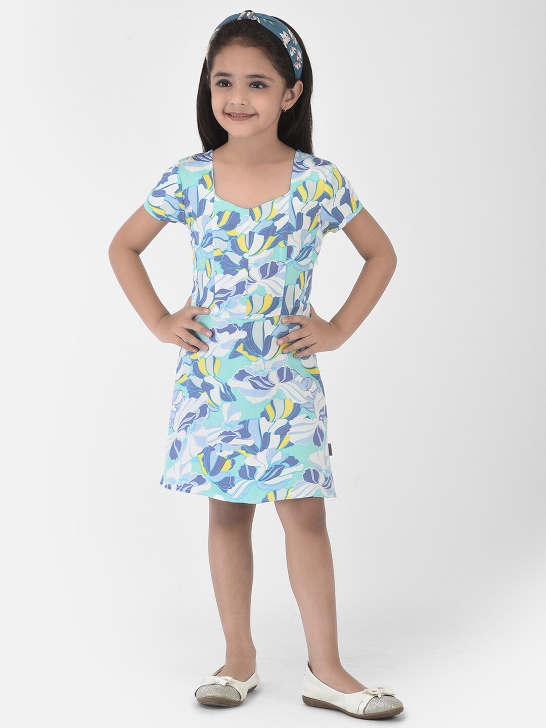 

Crimsoune Club Girls Blue Floral Printed Knee Length Dress