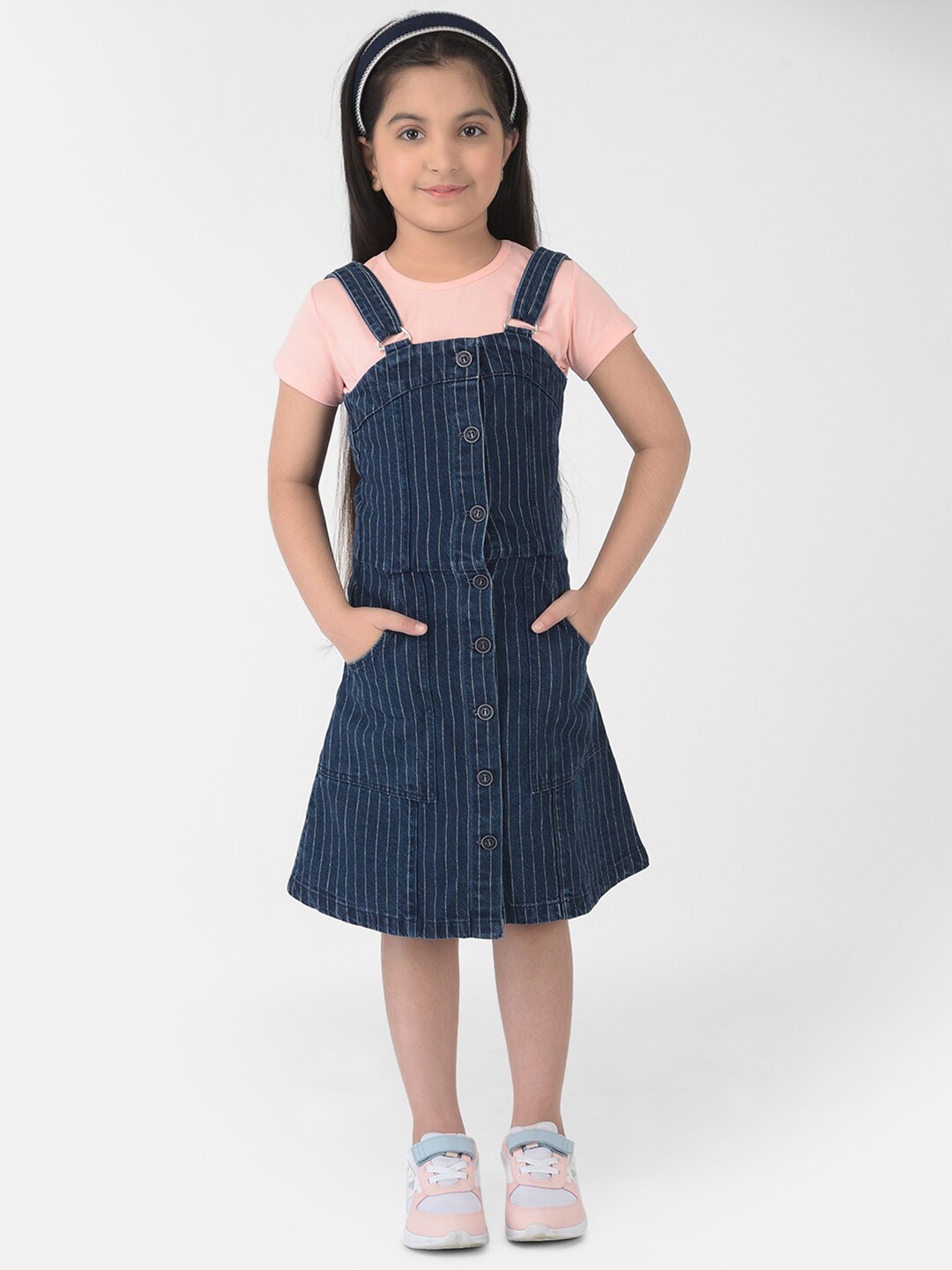 

Crimsoune Club Girls Navy Blue Striped Pinafore Dress