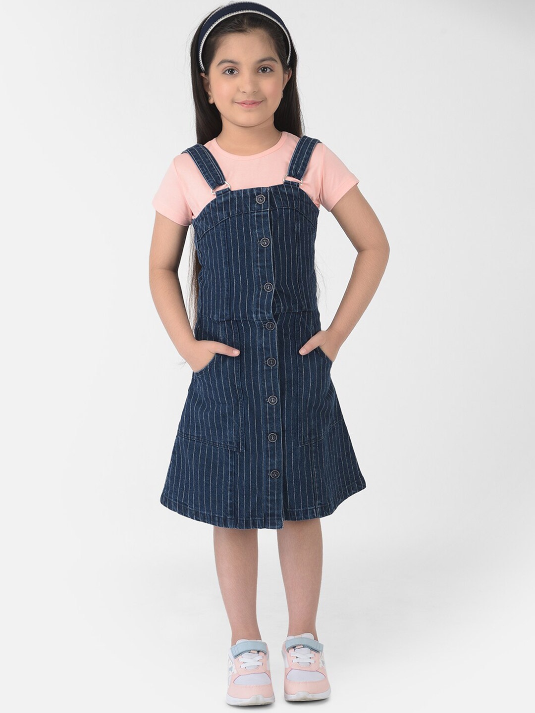 

Crimsoune Club Girls Navy Blue Striped Pinafore Dress