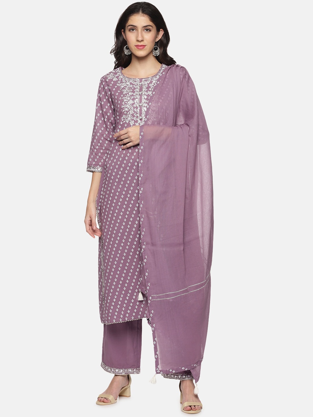 

Palakh Women Purple Ethnic Motifs Printed Pure Cotton Kurti With Palazzos & Dupatta