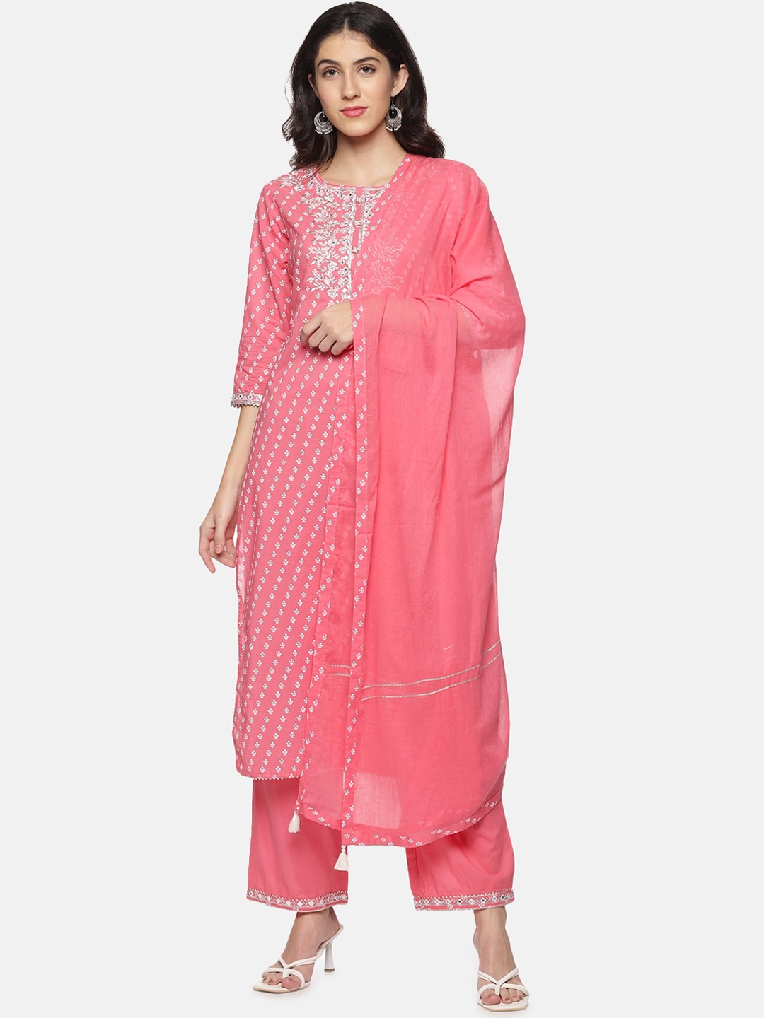 

Palakh Women Pink Floral Embroidered Panelled Pure Cotton Kurti with Trousers & With Dupatta