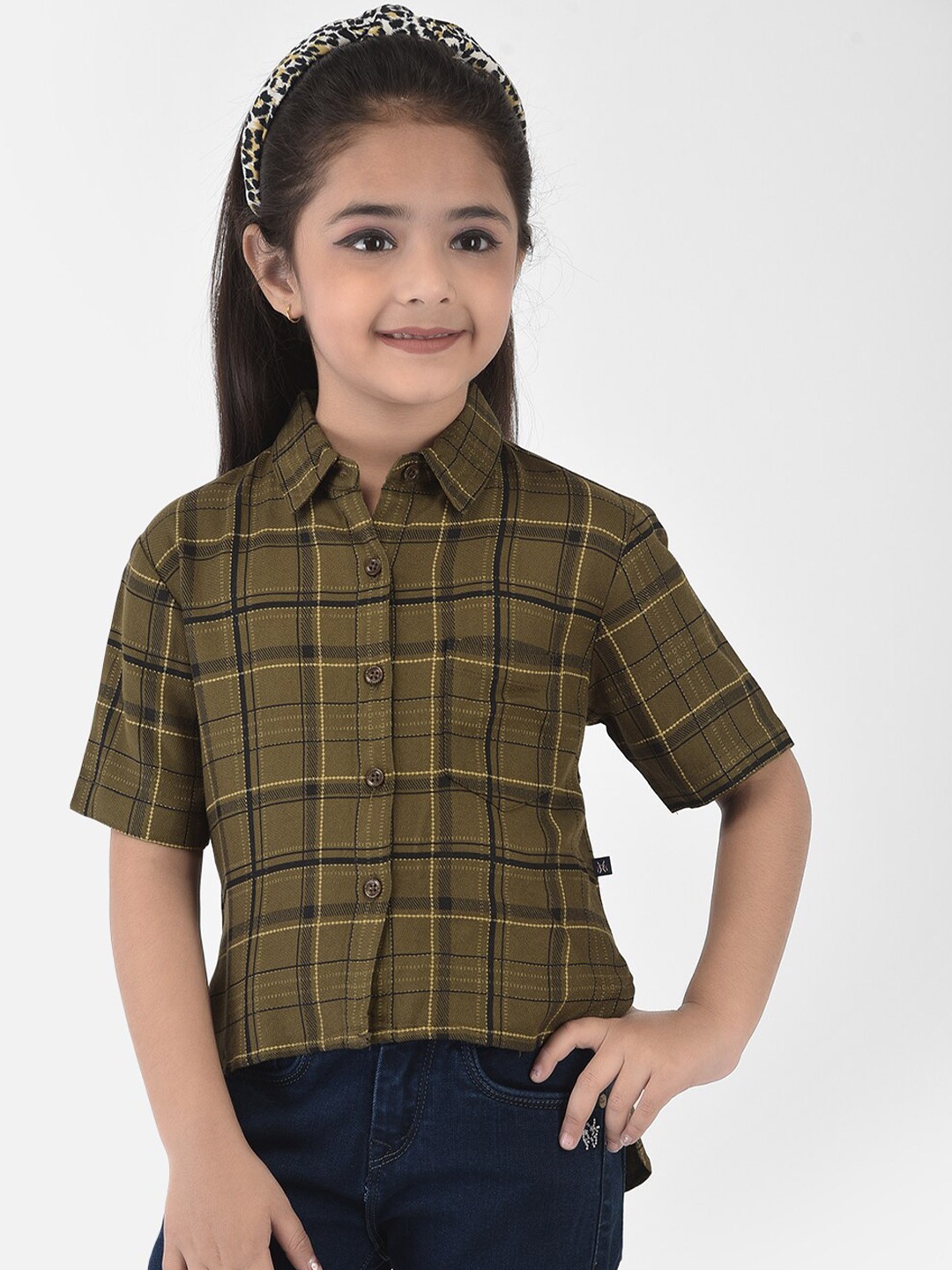 

Crimsoune Club Girls Olive Green Slim Fit Tartan Checks High Low Shirt