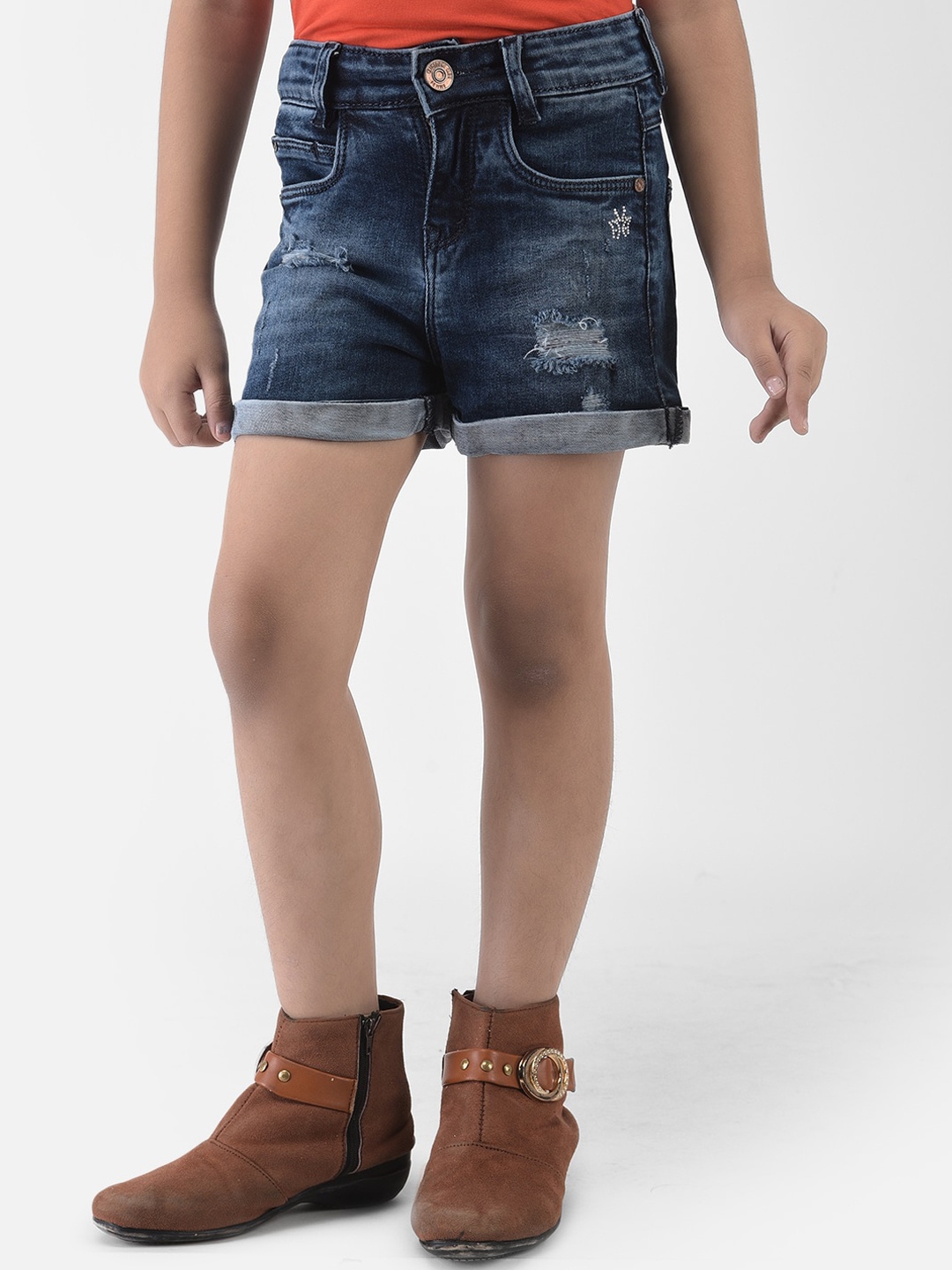 

Crimsoune Club Girls Blue Washed Slim Fit Distressed Denim Shorts