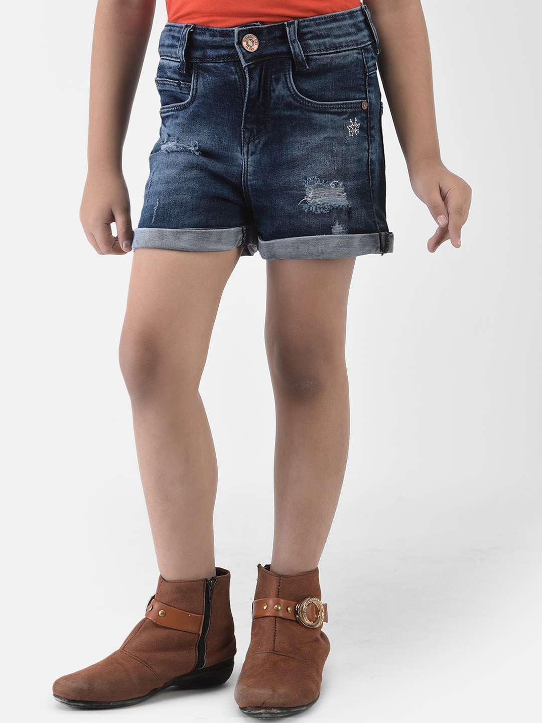 

Crimsoune Club Girls Blue Washed Slim Fit Distressed Denim Shorts