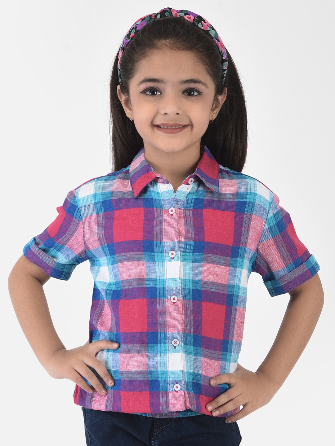 

Crimsoune Club Pink & Blue Checked Roll-Up Sleeves Shirt Style Top