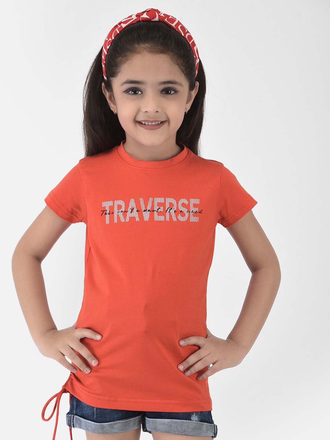 

Crimsoune Club Girls Orange Typography Printed Slim Fit T-shirt