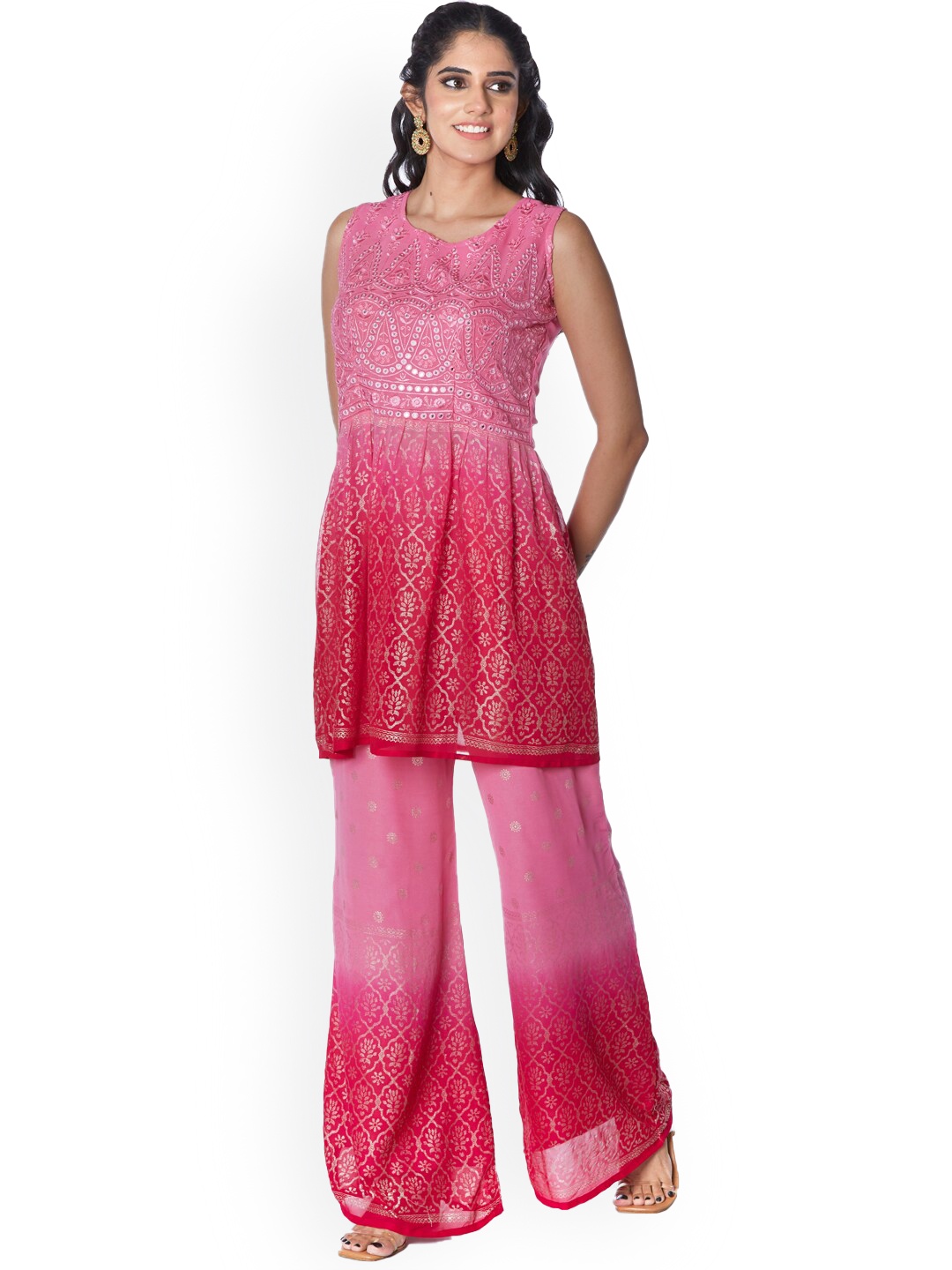

taruni Women Pink Empire Mirror Work Kurti with Palazzos