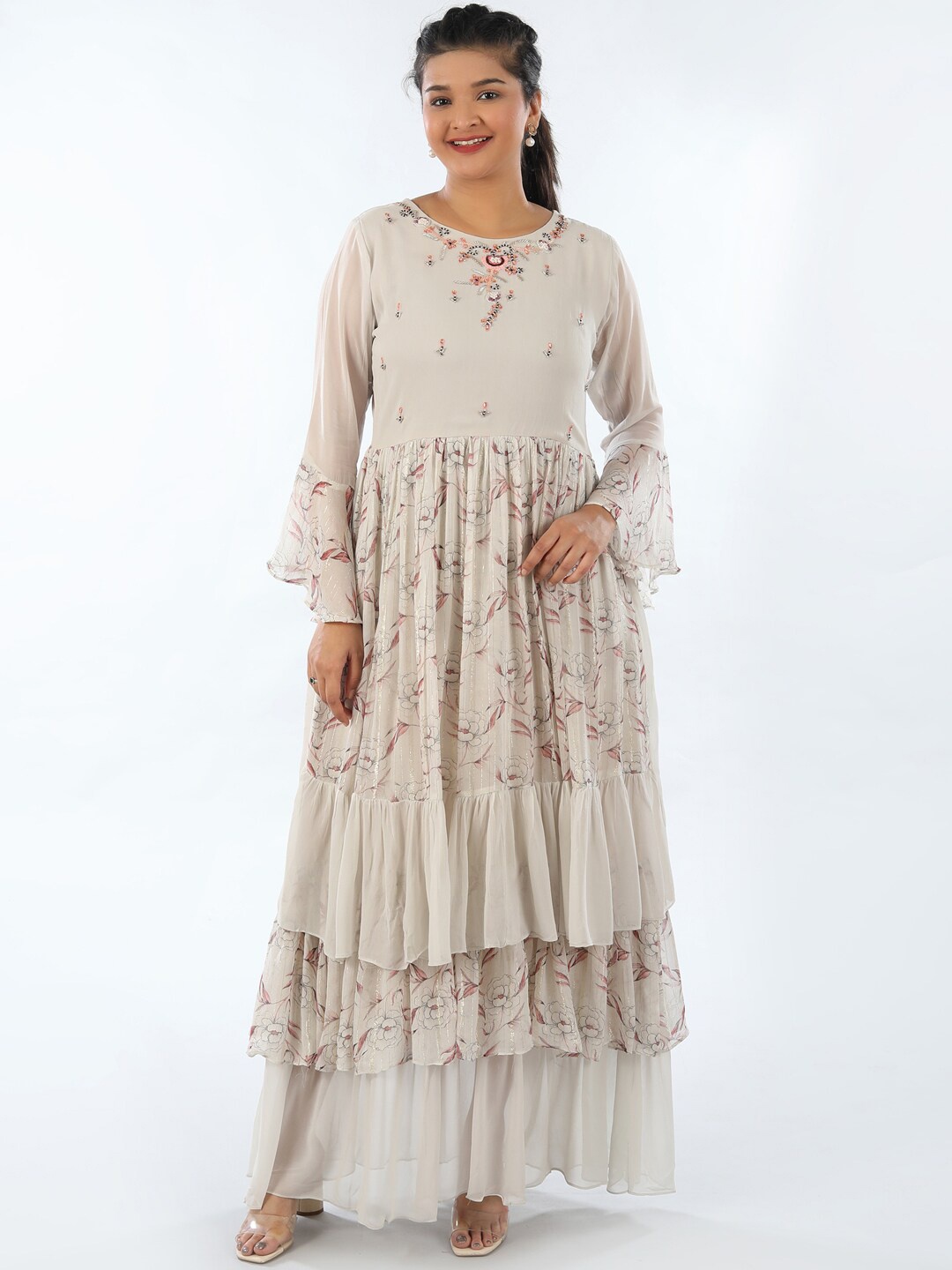 

taruni Cream-Coloured Embellished Tiered Maxi Dress