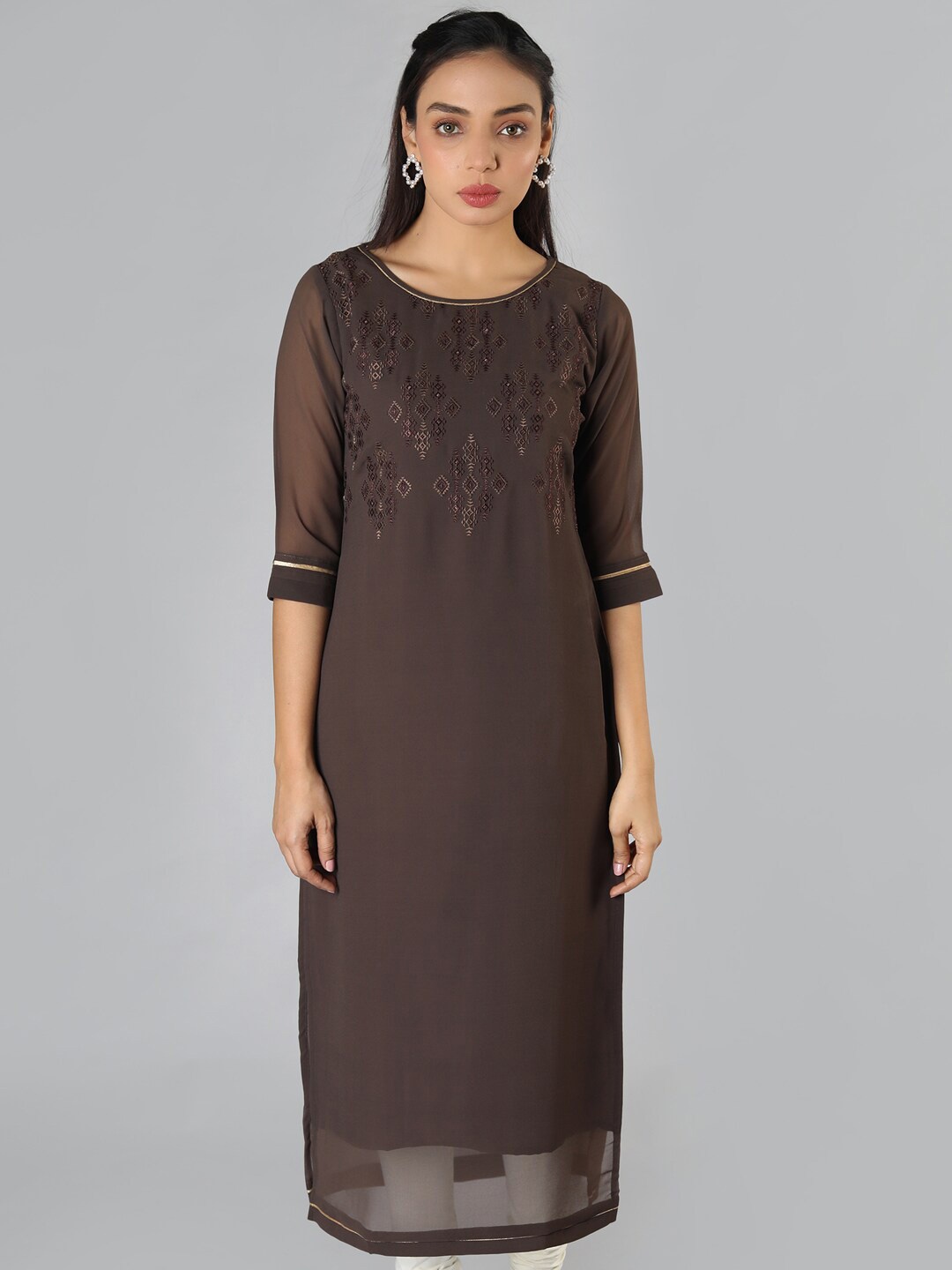 

Taruni Women Brown Geometric Embroidered Georgette Kurta