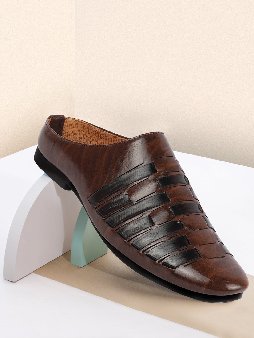 

FAUSTO Men Brown Ethnic Textured PU Mules