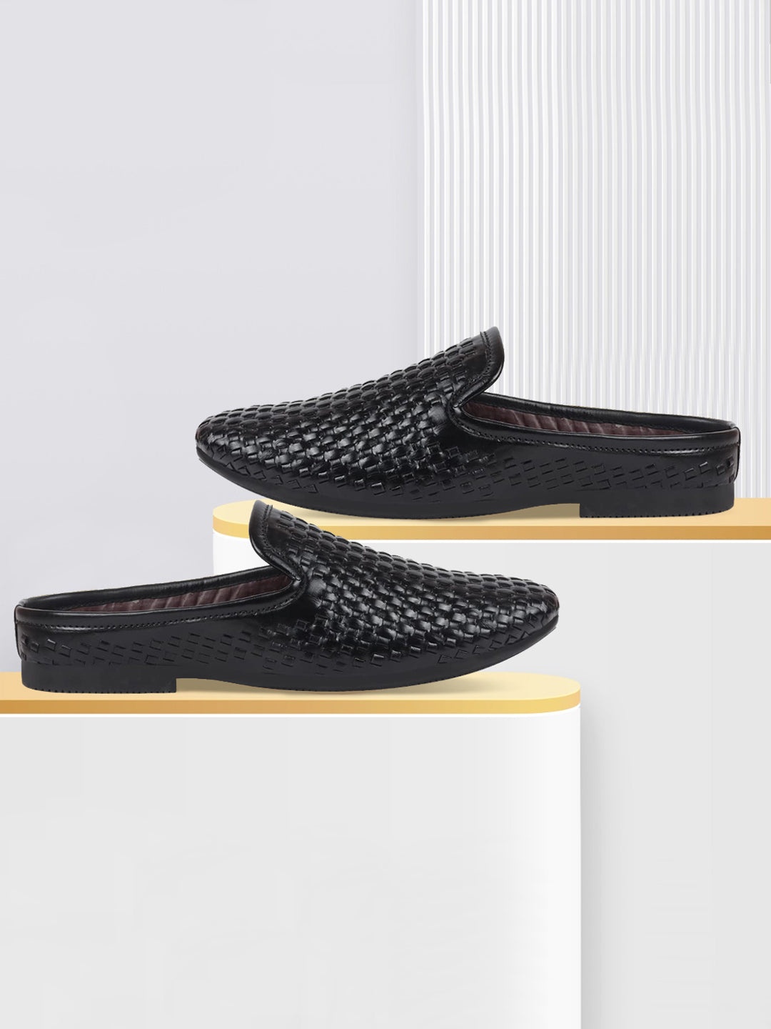 

FAUSTO Men Black Woven Design PU Mule Sneakers